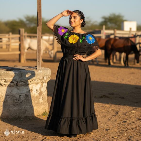 Traditional Mexican Embroidered Floral Dress Set – Handmade Two-Piece - Picture 4 of 8